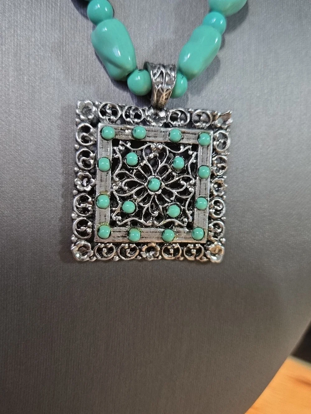 Turquoise Style Bead Necklace with Silver Filigree Pendant